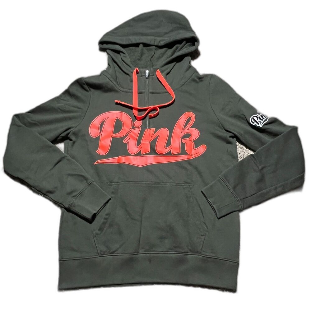 PINK Victoria's Secret Medium Logo Hoodie Green / Orange Pullover Sweatshirt